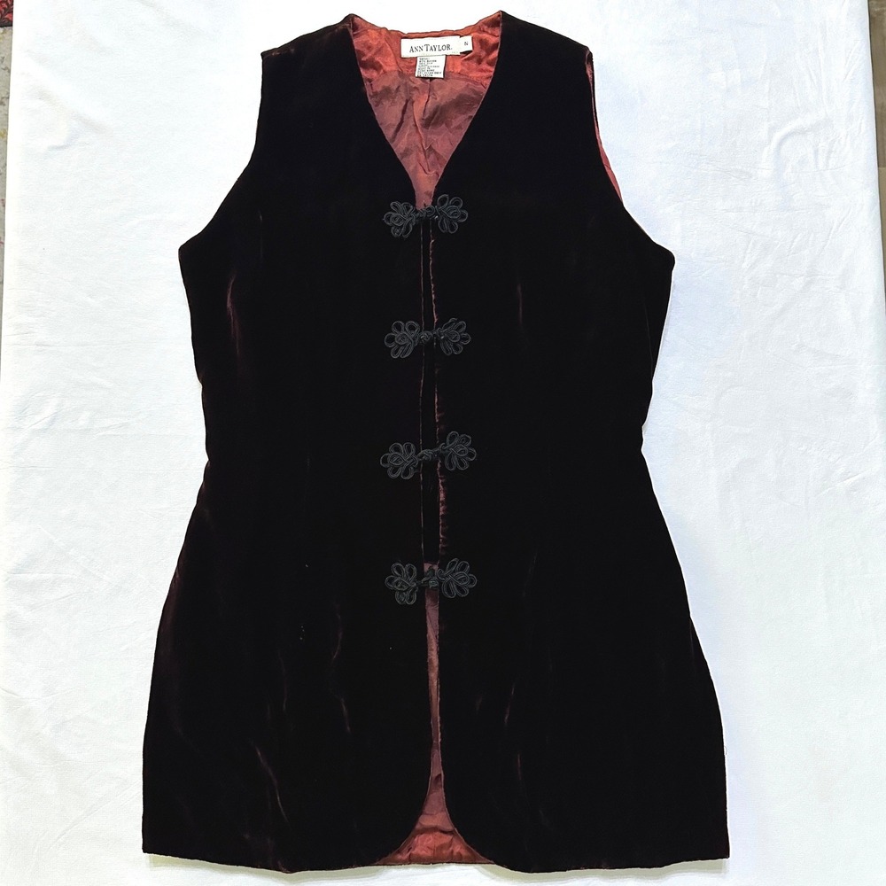 Gothic Whimsigoth Ann Taylor Silk Velvet Long Vest 2 Burgundy Mandarin Frog Knot